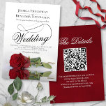 Elegant Red Rose Fancy Script QR Code Wedding Invitation<br><div class="desc">This beautiful wedding invitation features a gorgeous photograph of a single long stemmed red rose lying on its side reflecting in a pool of water with waves and ripples. The design features a fancy calligraphy script with a long curly tail making it both modern and classic. Elegant, sophisticated and chic...</div>