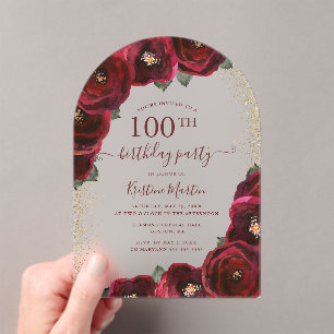 Elegant Red Rose Floral Arch 100th Birthday Party Acrylic Invitations
