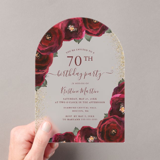 Elegant Red Rose Floral Arch 70th Birthday Party Acrylic Invitations (Insitu (Handheld))