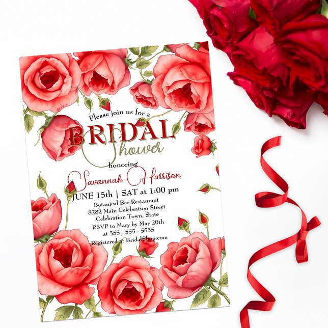 Elegant Red Rose Floral Border Bridal Shower Invitation (Creator Uploaded)