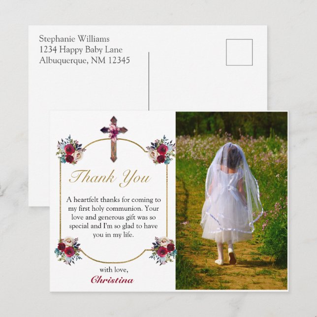 Elegant Red Rose Floral Girls 1st Holy Communion  Postcard (Front/Back)