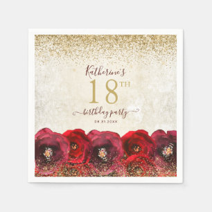 Elegant Red Rose Floral Gold 18th Birthday Party Napkin