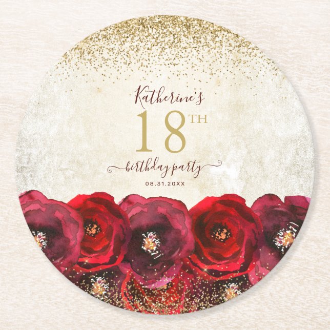 Elegant Red Rose Floral Gold 18th Birthday Party Round Paper Coaster (Front)