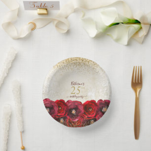 Elegant Red Rose Floral Gold 25th Birthday Party Paper Plate