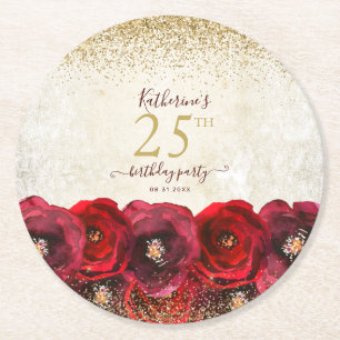 Elegant Red Rose Floral Gold 25th Birthday Party Round Paper Coaster