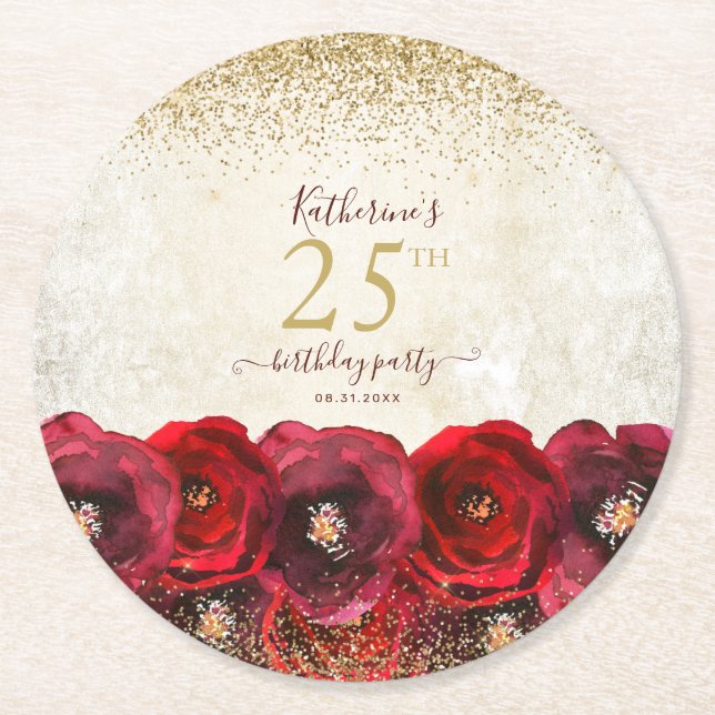 Elegant Red Rose Floral Gold 25th Birthday Party Round Paper Coaster (Front)