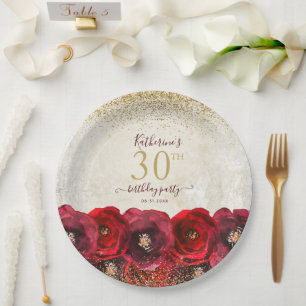 Elegant Red Rose Floral Gold 30th Birthday Party Paper Plate
