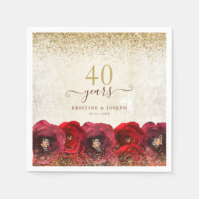 Elegant Red Rose Floral Gold 40th Anniversary Napkin (Front)