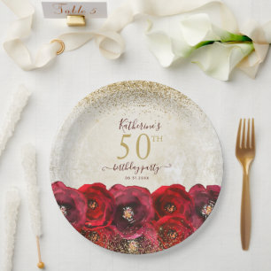 Elegant Red Rose Floral Gold 50th Birthday Party Paper Plate