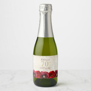 Elegant Red Rose Floral Gold 70th Birthday Party Sparkling Wine Label