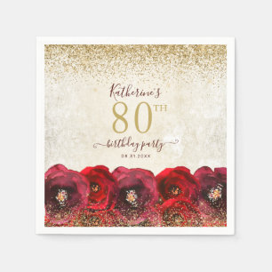 Elegant Red Rose Floral Gold 80th Birthday Party Napkin