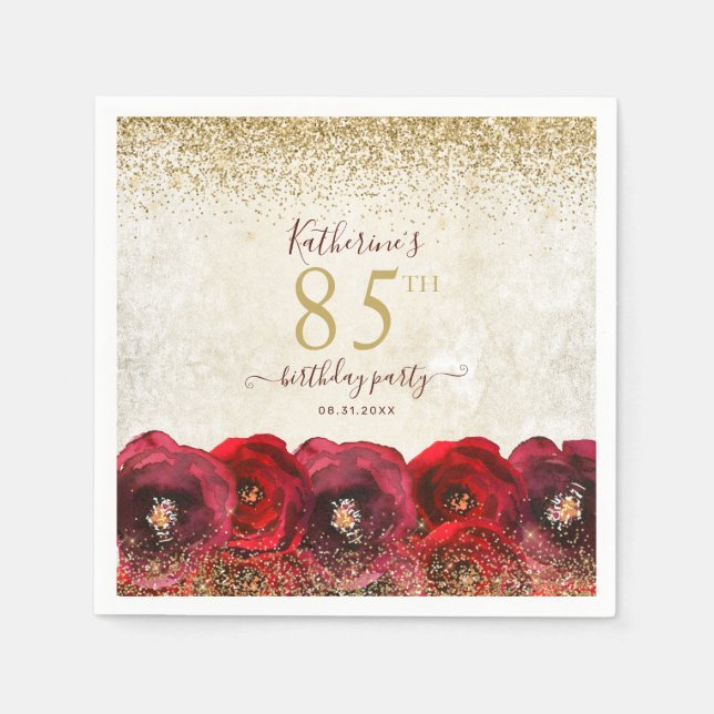 Elegant Red Rose Floral Gold 85th Birthday Party Napkin (Front)