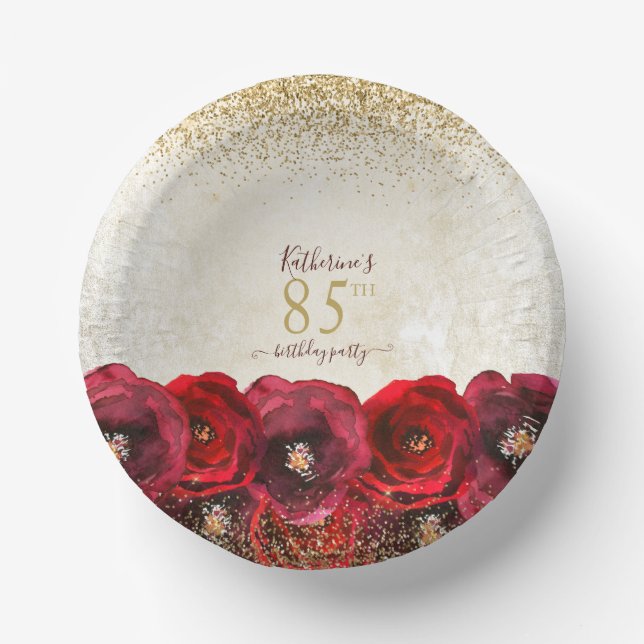 Elegant Red Rose Floral Gold 85th Birthday Party Paper Plate (Front)