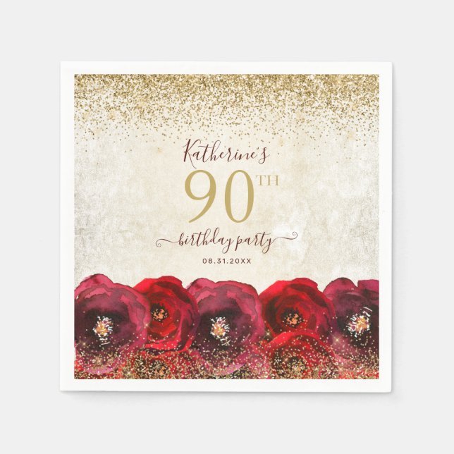 Elegant Red Rose Floral Gold 90th Birthday Party Napkin (Front)