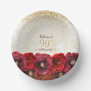 Elegant Red Rose Floral Gold 90th Birthday Party Paper Plate