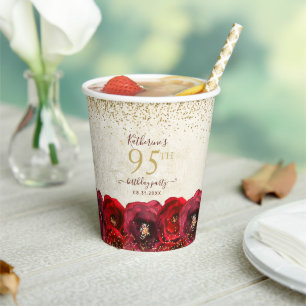 Elegant Red Rose Floral Gold 95th Birthday Party Paper Cups
