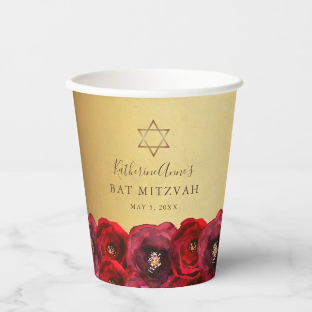 Elegant Red Rose Floral Gold Bat Mitzvah Paper Cups (Front)
