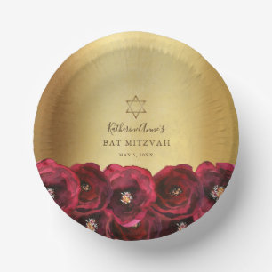 Elegant Red Rose Floral Gold Bat Mitzvah Paper Plate