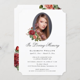 Elegant Red Rose Floral Photo Memorial Invitation