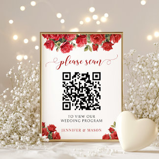 Elegant Red Rose Floral Wedding Program QR Code Poster