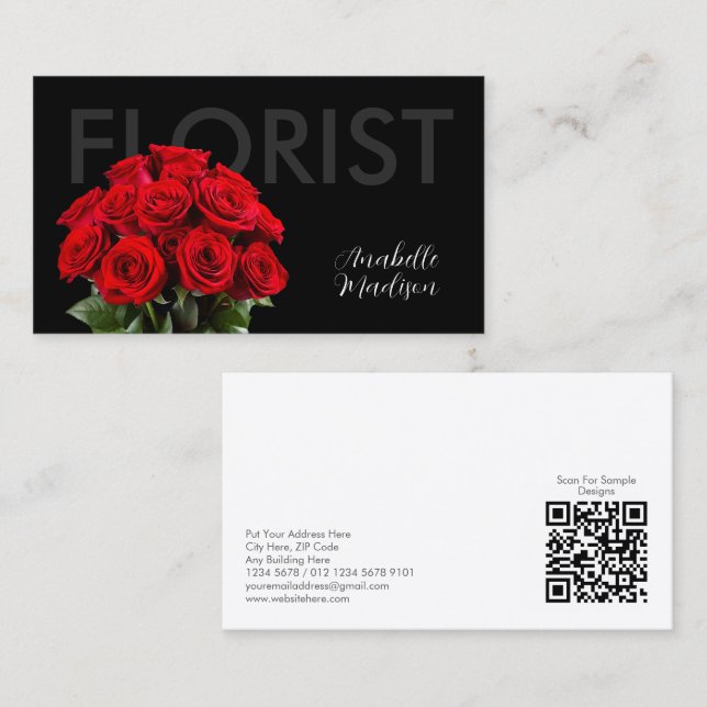 Elegant Red Rose Florist Business Card on Black (Front/Back)