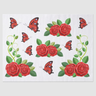 Elegant Red Rose Flower And Butterfly Decoupage Tissue Paper