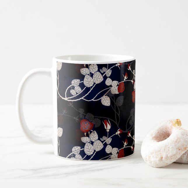 Elegant Red Rose Flower Pattern Black Coffee Mug (With Donut)