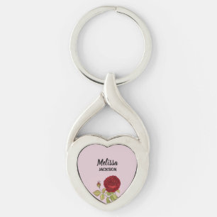 Elegant red rose flower pink key ring