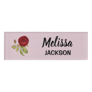 Elegant red rose flower pink name tag