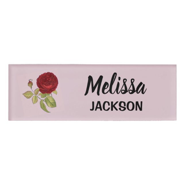 Elegant red rose flower pink name tag (Front)