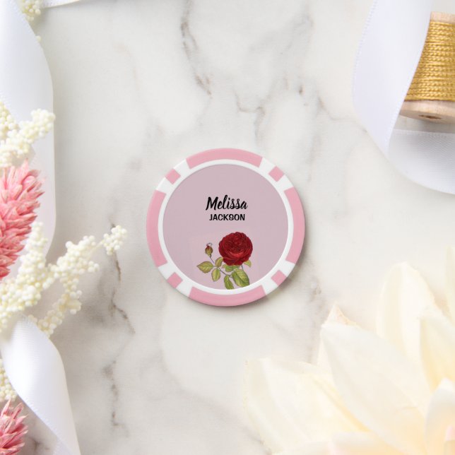 Elegant red rose flower pink poker chips (Wedding)