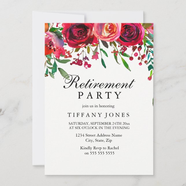Elegant Red Rose Flower Retirement Party invite (Front)