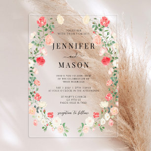 Elegant Red Rose Flower Wreath Bohemian Wedding Acrylic Invitations