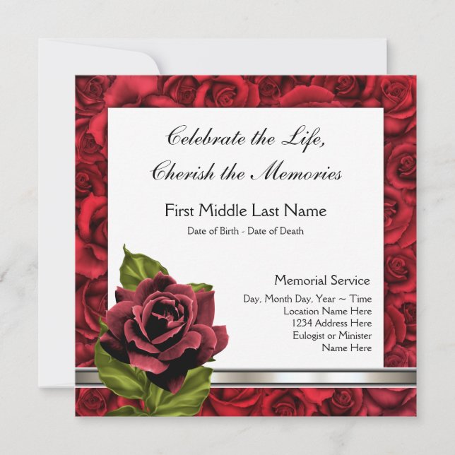 Elegant Red Rose Funeral Announcement (Front)