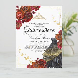 Elegant Red Rose Gold Butterfly Quinceañera Invitation