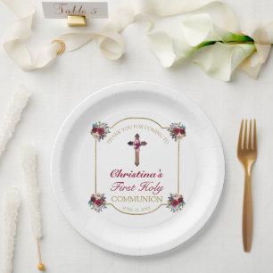 Elegant Red Rose Gold Cross 1st Holy Communion Paper Plate