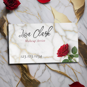Elegant Red Rose Gold Marble Makeup Artist Business Card