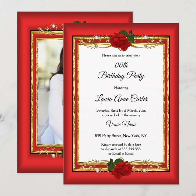 Elegant red Rose Gold photo Birthday Party Invitation (Front/Back)