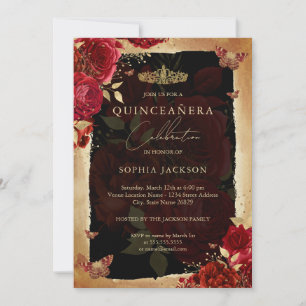 Elegant Red Rose Gold Quinceanera Invitation