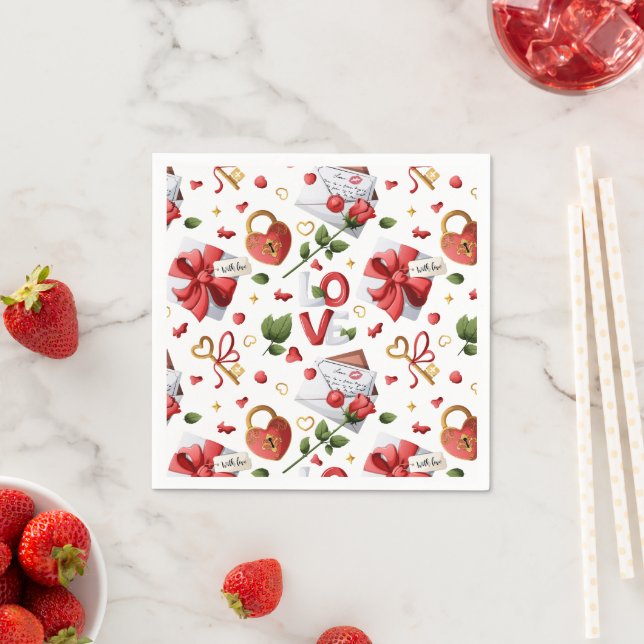 Elegant Red Rose & Heart Lock Romantic Pattern Napkin (Insitu)