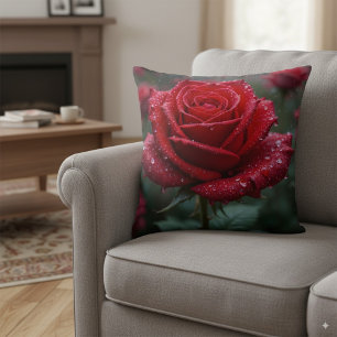 Elegant Red Rose in Rain – Vibrant Floral Cushion