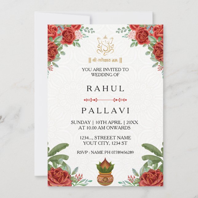 Elegant Red Rose Indian Wedding Invitation Card (Front)