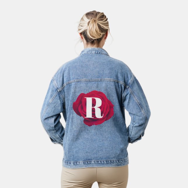 Elegant Red Rose Initial Modern Monogram Denim Jacket (Model)