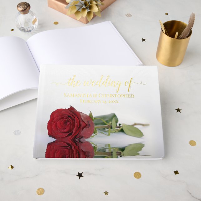 Elegant Red Rose Medium Wedding Foil Guest Book (Front Open)