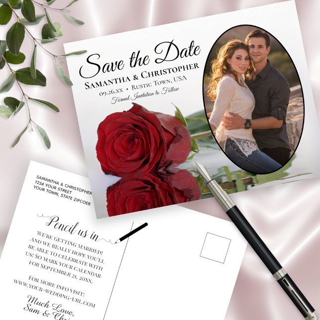 Elegant Red Rose Oval Photo Wedding Save The Date Announcement Postcard (Creator Uploaded)