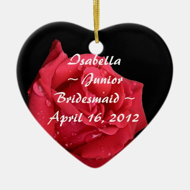Elegant Red Rose Personalised Junior Bridesmaid Ceramic Tree Decoration (Front)