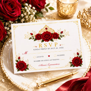 Elegant Red Rose Princess Quinceañera RSVP Card