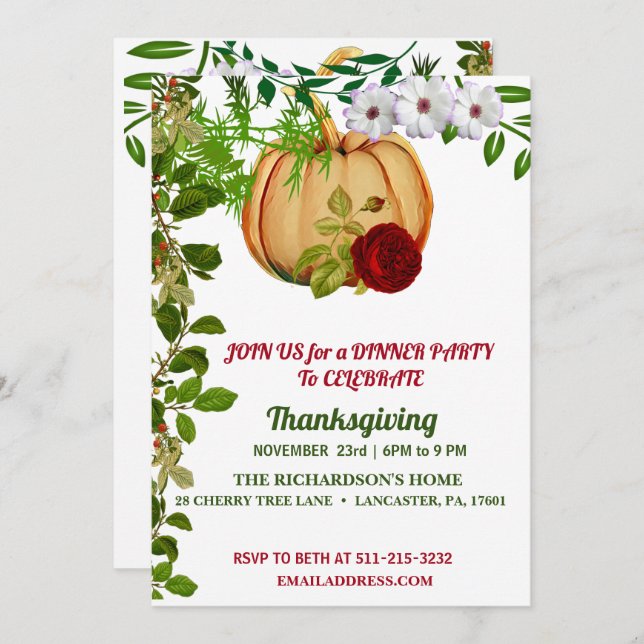 Elegant Red Rose Pumpkin Thanksgiving Dinner Invitation (Front/Back)