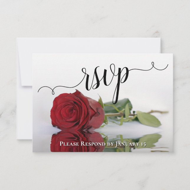 Elegant Red Rose Reflections Wedding RSVP Card (Front)