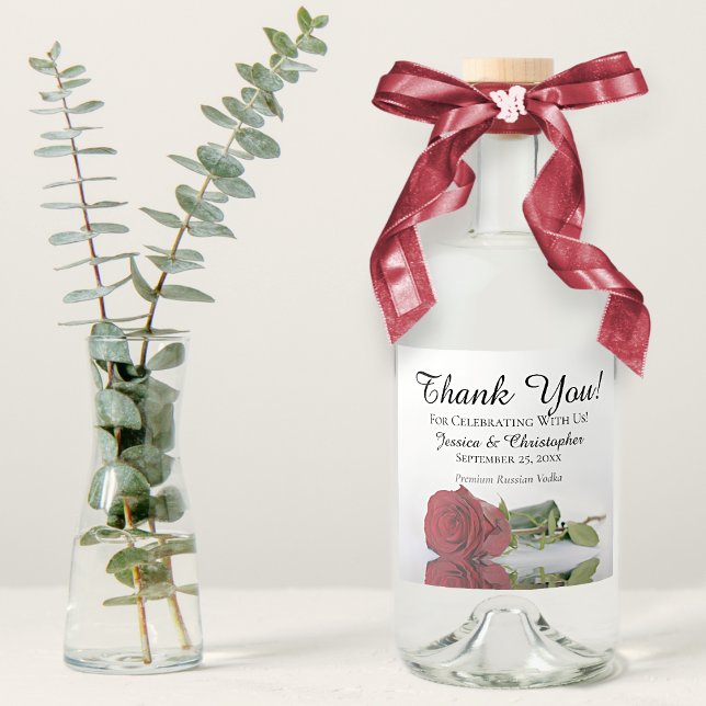 Elegant Red Rose Reflections Wedding Thank You Liquor Bottle Label (In Situ with Plant and Bow)